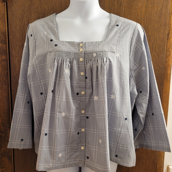 Madewell Gray Checkered Blouse with Floral Accents - Picture 1 of 7